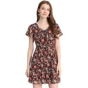 SHEIN Black Floral Print Short Sleeve Mini Dress Women Size M Flutter Sleeve